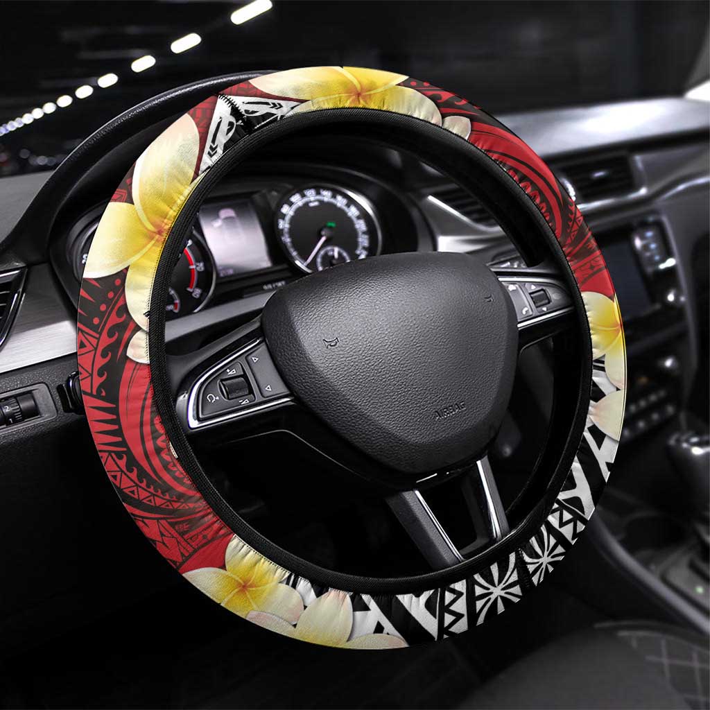 Sigave Chiefdom Wallis and Futuna Steering Wheel Cover Frangipani Flowers Polynesian Pattern LT9 Universal Fit Red - Polynesian Pride