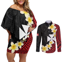 Uvea Chiefdom Wallis and Futuna Personalized Couples Matching Off Shoulder Short Dress and Long Sleeve Button Shirt Frangipani Flowers Polynesian Pattern