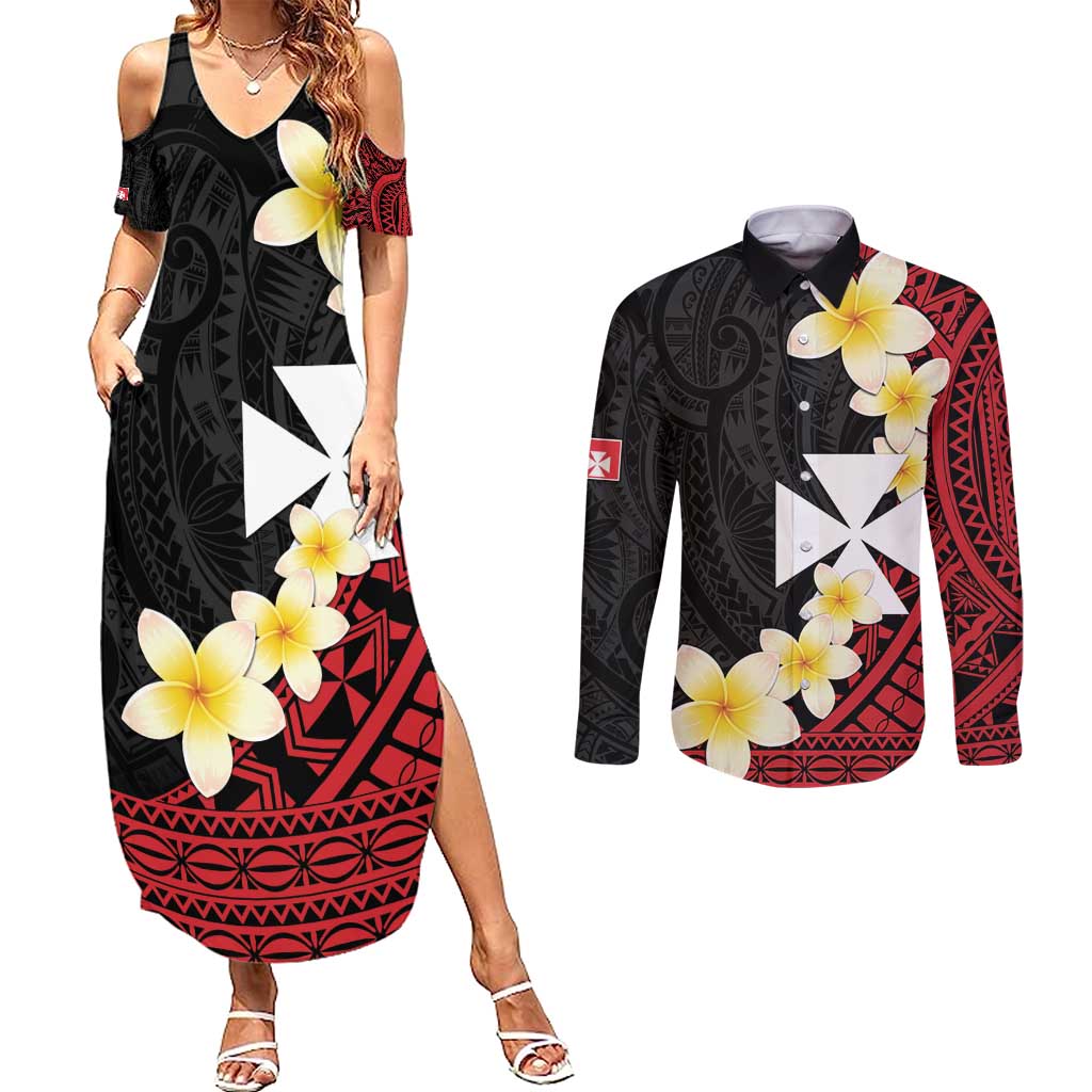 Uvea Chiefdom Wallis and Futuna Personalized Couples Matching Summer Maxi Dress and Long Sleeve Button Shirt Frangipani Flowers Polynesian Pattern LT9 Red - Polynesian Pride