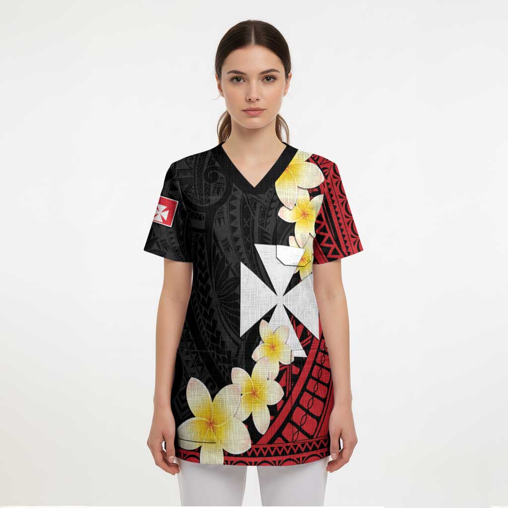 Uvea Chiefdom Wallis and Futuna Personalized Scrub Top Frangipani Flowers Polynesian Pattern - Polynesian Pride