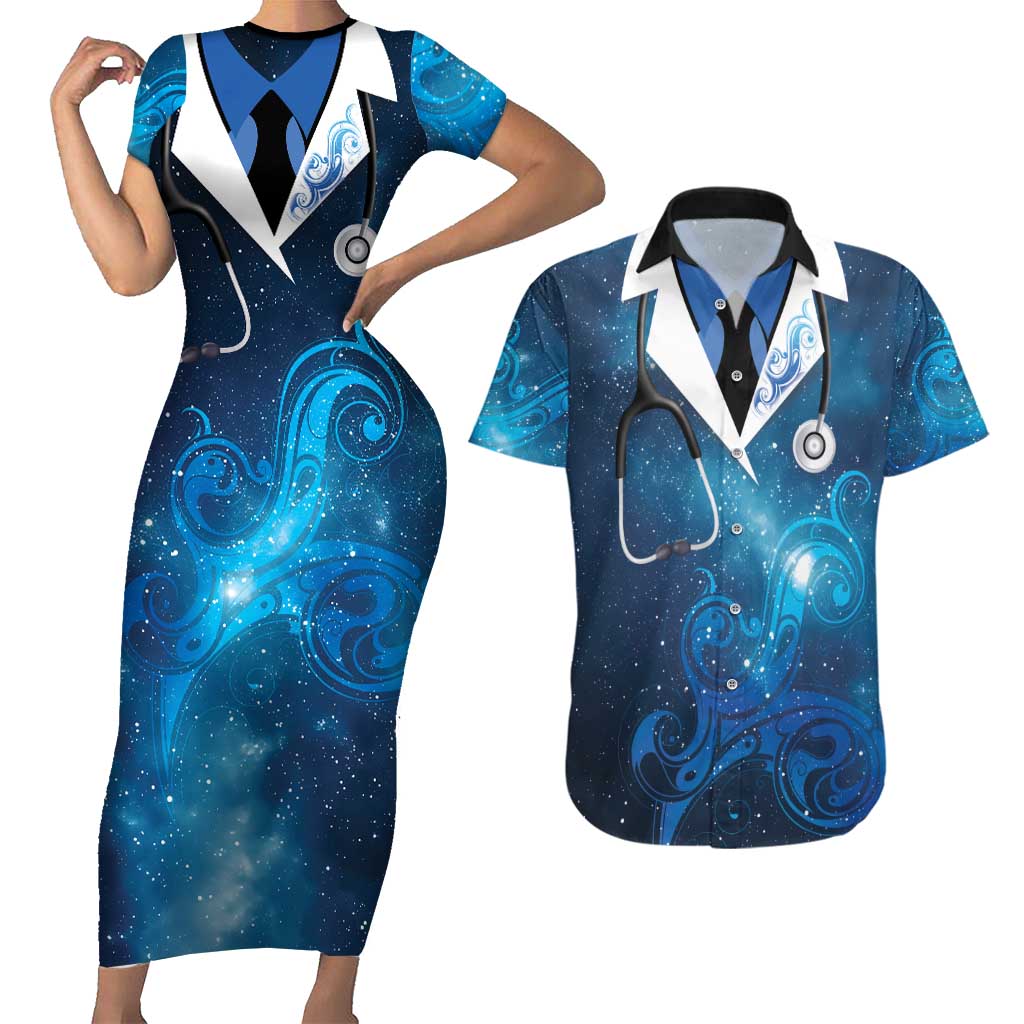 New Zealand Nurses RN Personalised Couples Matching Short Sleeve Bodycon Dress and Hawaiian Shirt Galaxy Stethoscope Maori Motif