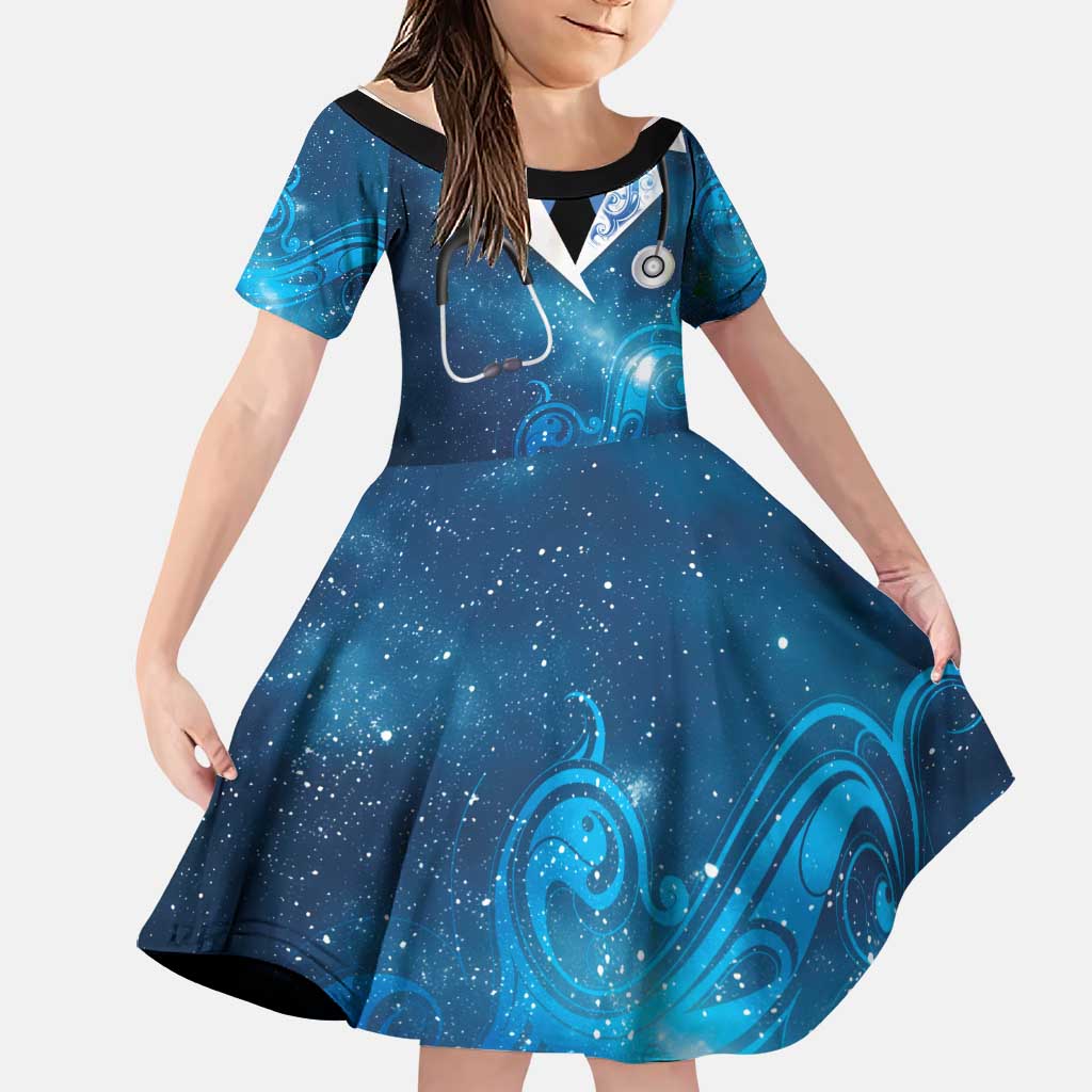 New Zealand Nurses RN Personalised Family Matching Off The Shoulder Long Sleeve Dress and Hawaiian Shirt Galaxy Stethoscope Maori Motif