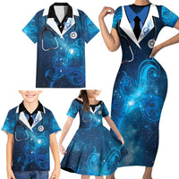 New Zealand Nurses RN Personalised Family Matching Short Sleeve Bodycon Dress and Hawaiian Shirt Galaxy Stethoscope Maori Motif