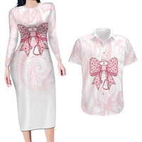 New Zealand Nurses RN Personalised Couples Matching Long Sleeve Bodycon Dress and Hawaiian Shirt Pink Stethoscope Coquette Bow Maori Motif