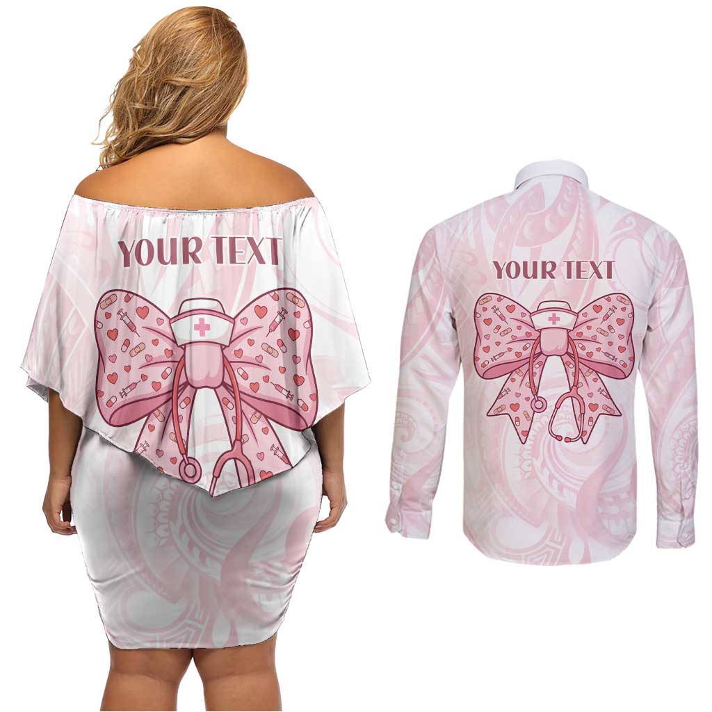 New Zealand Nurses RN Personalised Couples Matching Off Shoulder Short Dress and Long Sleeve Button Shirt Pink Stethoscope Coquette Bow Maori Motif
