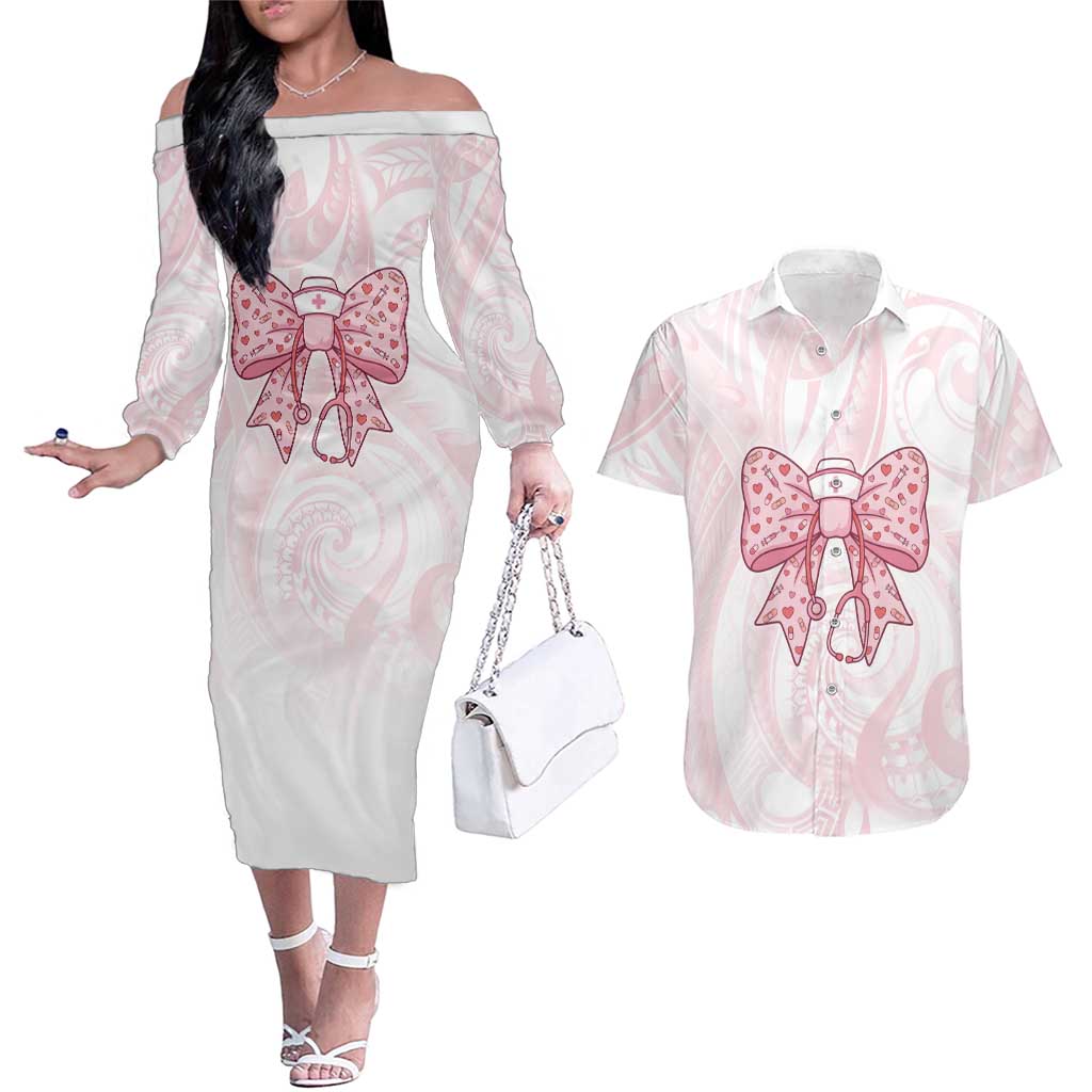 New Zealand Nurses RN Personalised Couples Matching Off The Shoulder Long Sleeve Dress and Hawaiian Shirt Pink Stethoscope Coquette Bow Maori Motif