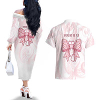 New Zealand Nurses RN Personalised Couples Matching Off The Shoulder Long Sleeve Dress and Hawaiian Shirt Pink Stethoscope Coquette Bow Maori Motif