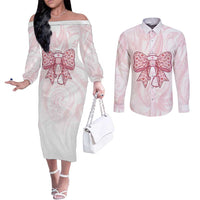 New Zealand Nurses RN Personalised Couples Matching Off The Shoulder Long Sleeve Dress and Long Sleeve Button Shirt Pink Stethoscope Coquette Bow Maori Motif