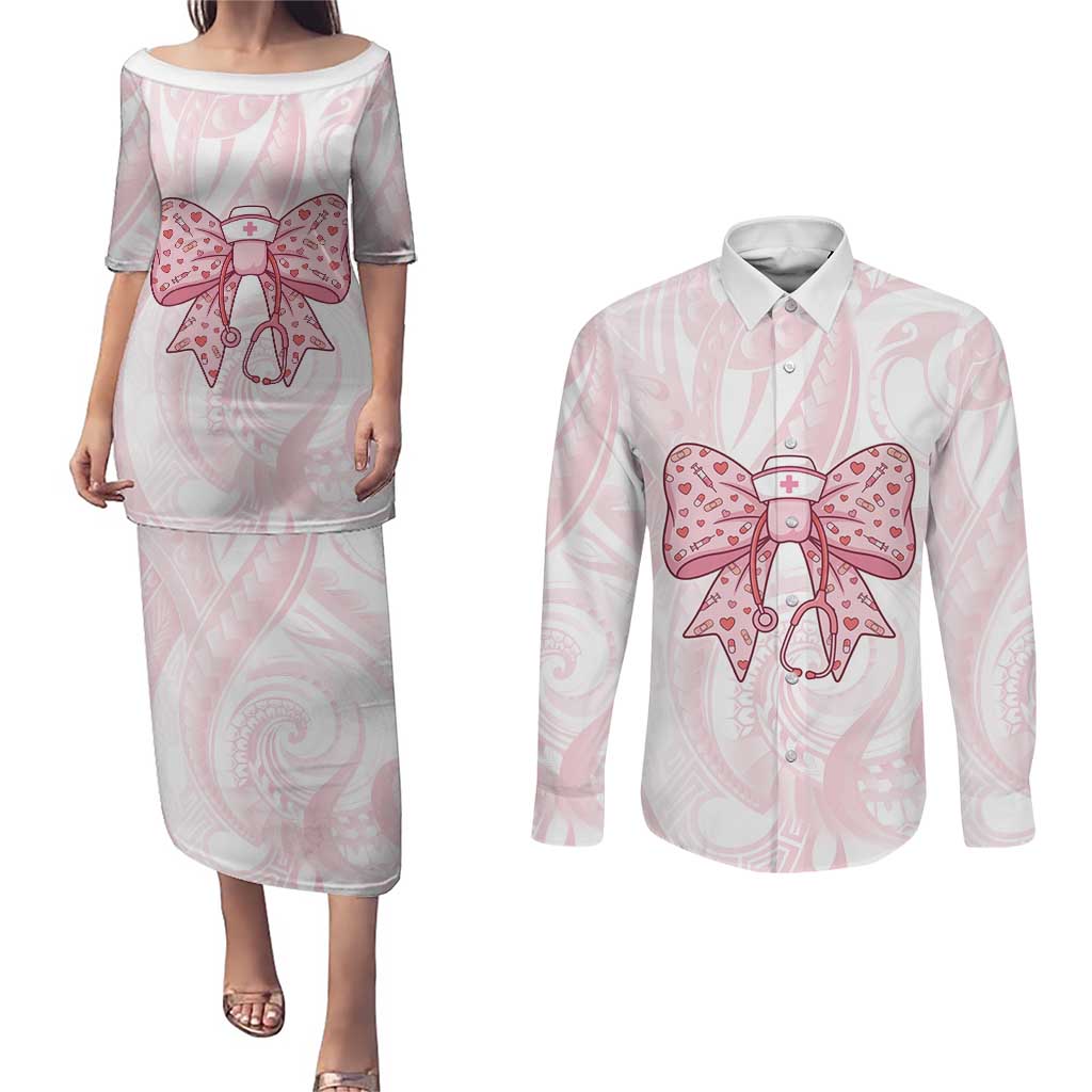 New Zealand Nurses RN Personalised Couples Matching Puletasi and Long Sleeve Button Shirt Pink Stethoscope Coquette Bow Maori Motif