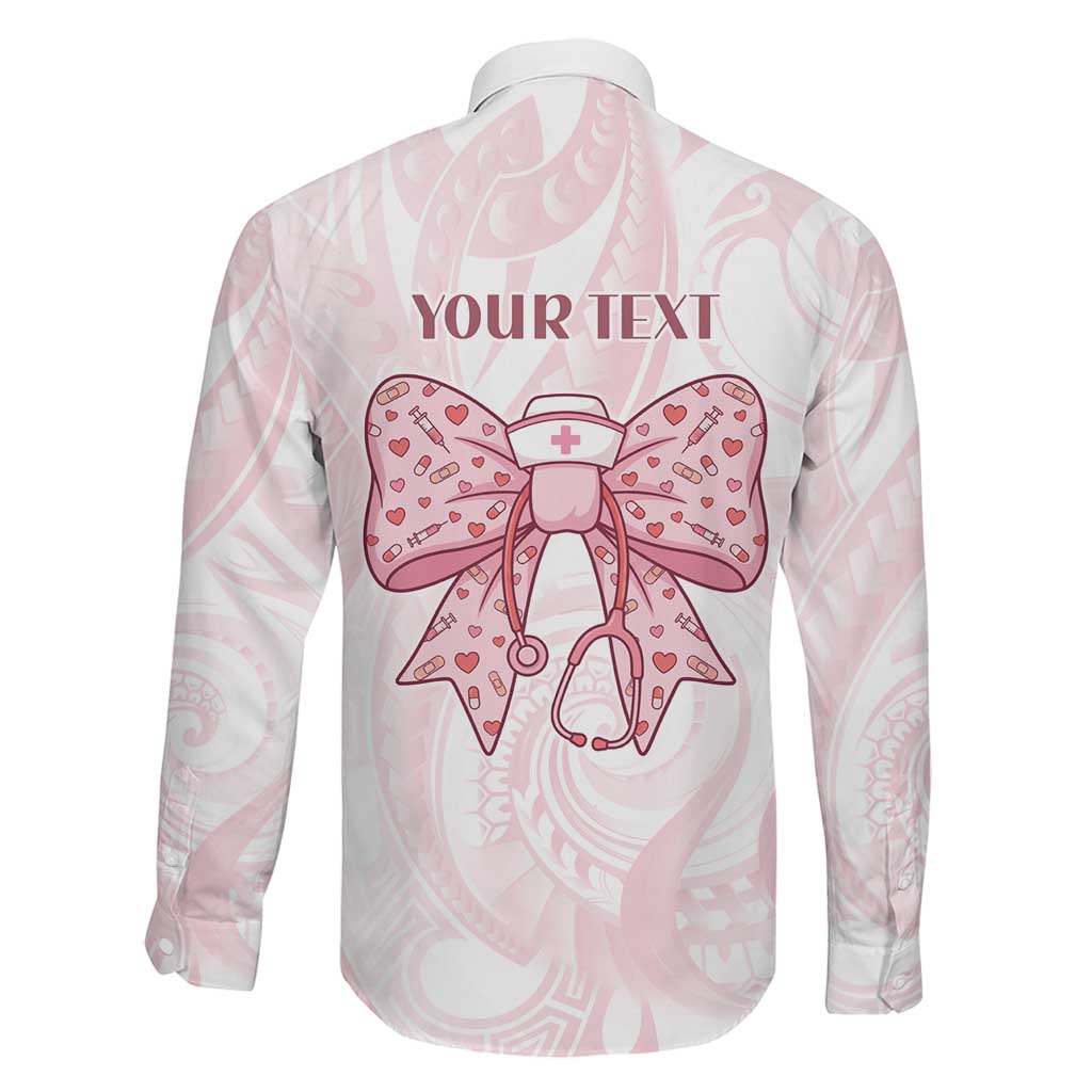 New Zealand Nurses RN Personalised Family Matching Off The Shoulder Long Sleeve Dress and Hawaiian Shirt Pink Stethoscope Coquette Bow Maori Motif