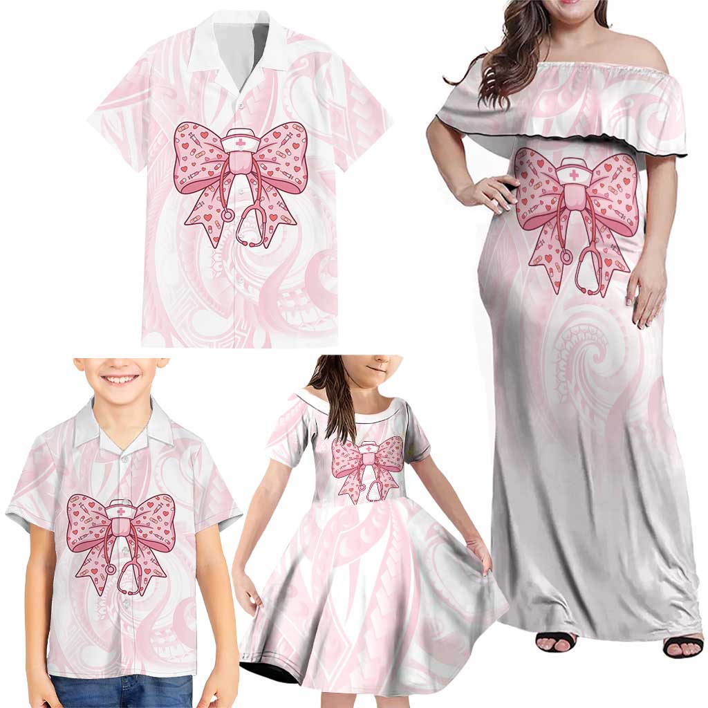 New Zealand Nurses RN Personalised Family Matching Off Shoulder Maxi Dress and Hawaiian Shirt Pink Stethoscope Coquette Bow Maori Motif