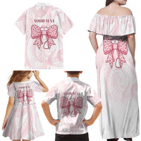 New Zealand Nurses RN Personalised Family Matching Off Shoulder Maxi Dress and Hawaiian Shirt Pink Stethoscope Coquette Bow Maori Motif