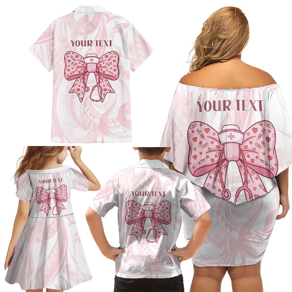 New Zealand Nurses RN Personalised Family Matching Off Shoulder Short Dress and Hawaiian Shirt Pink Stethoscope Coquette Bow Maori Motif