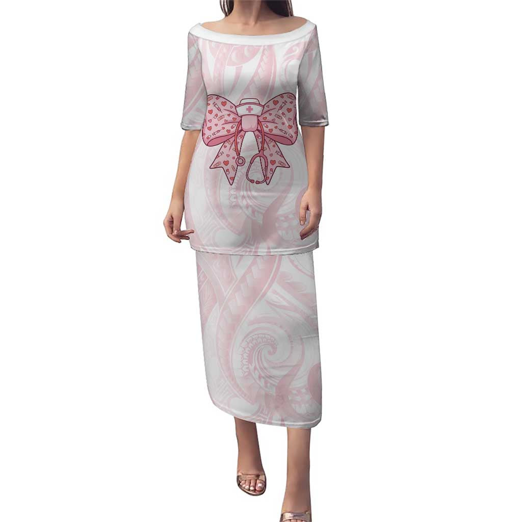 New Zealand Nurses RN Personalised Family Matching Puletasi and Hawaiian Shirt Pink Stethoscope Coquette Bow Maori Motif