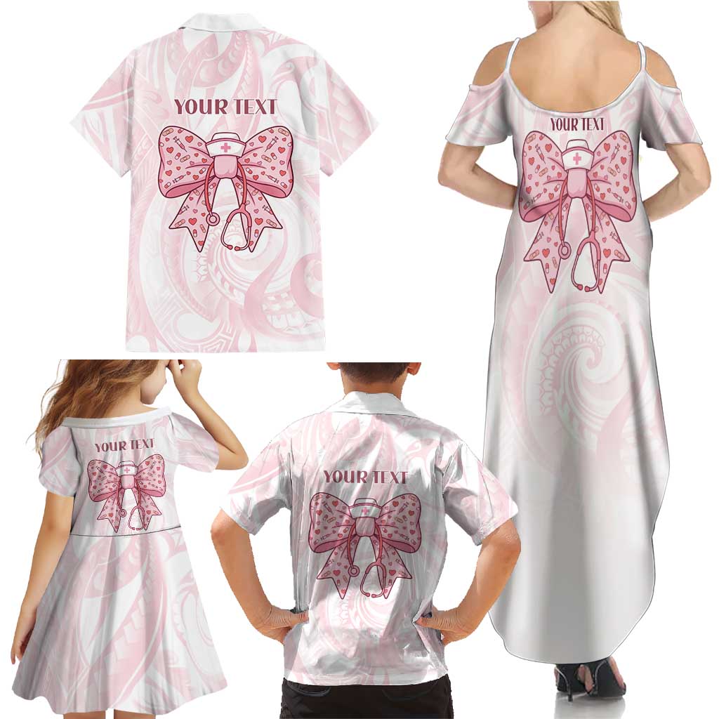 New Zealand Nurses RN Personalised Family Matching Summer Maxi Dress and Hawaiian Shirt Pink Stethoscope Coquette Bow Maori Motif
