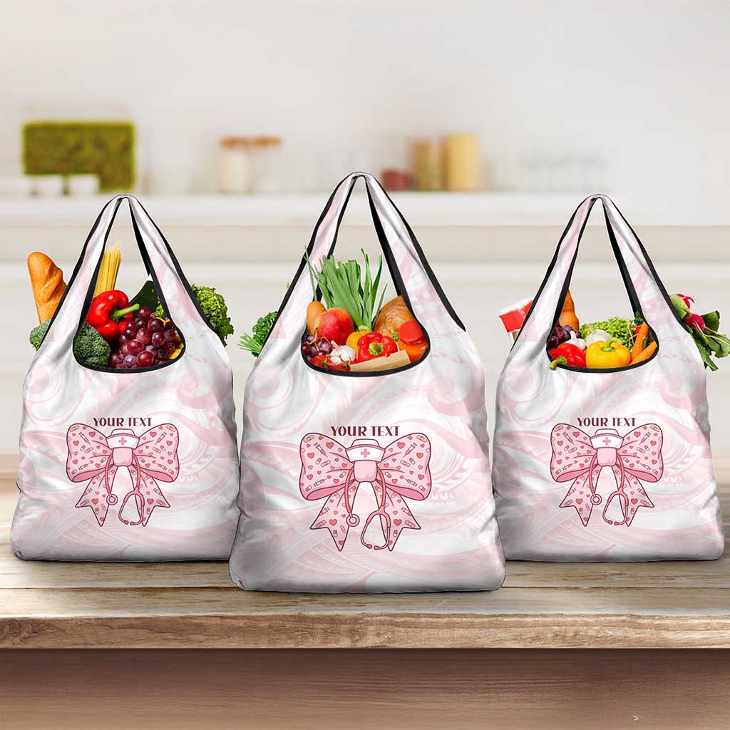 New Zealand Nurses RN Personalised Grocery Bag Pink Stethoscope Coquette Bow Maori Motif LT9 3-pack One Size Pink - Polynesian Pride