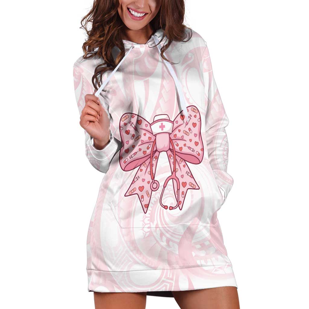 New Zealand Nurses RN Personalised Hoodie Dress Pink Stethoscope Coquette Bow Maori Motif LT9 Pink - Polynesian Pride