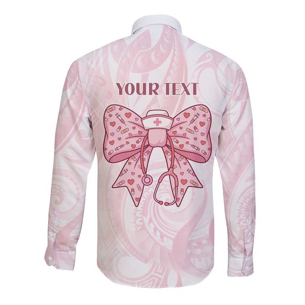 New Zealand Nurses RN Personalised Long Sleeve Button Shirt Pink Stethoscope Coquette Bow Maori Motif