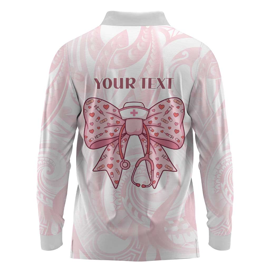 New Zealand Nurses RN Personalised Long Sleeve Polo Shirt Pink Stethoscope Coquette Bow Maori Motif