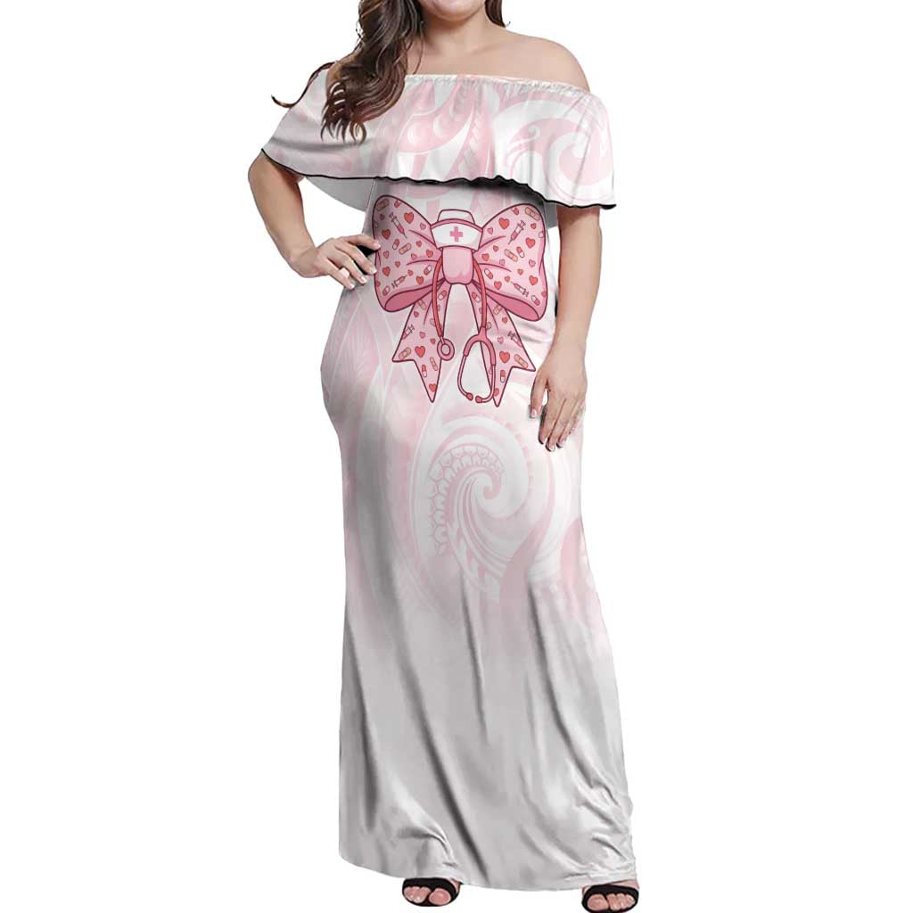 New Zealand Nurses RN Personalised Off Shoulder Maxi Dress Pink Stethoscope Coquette Bow Maori Motif