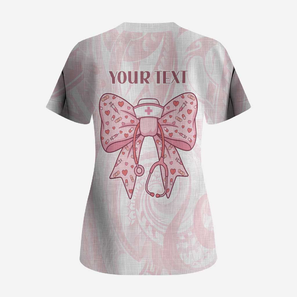 New Zealand Nurses RN Personalised Scrub Top Pink Stethoscope Coquette Bow Maori Motif LT9 - Polynesian Pride