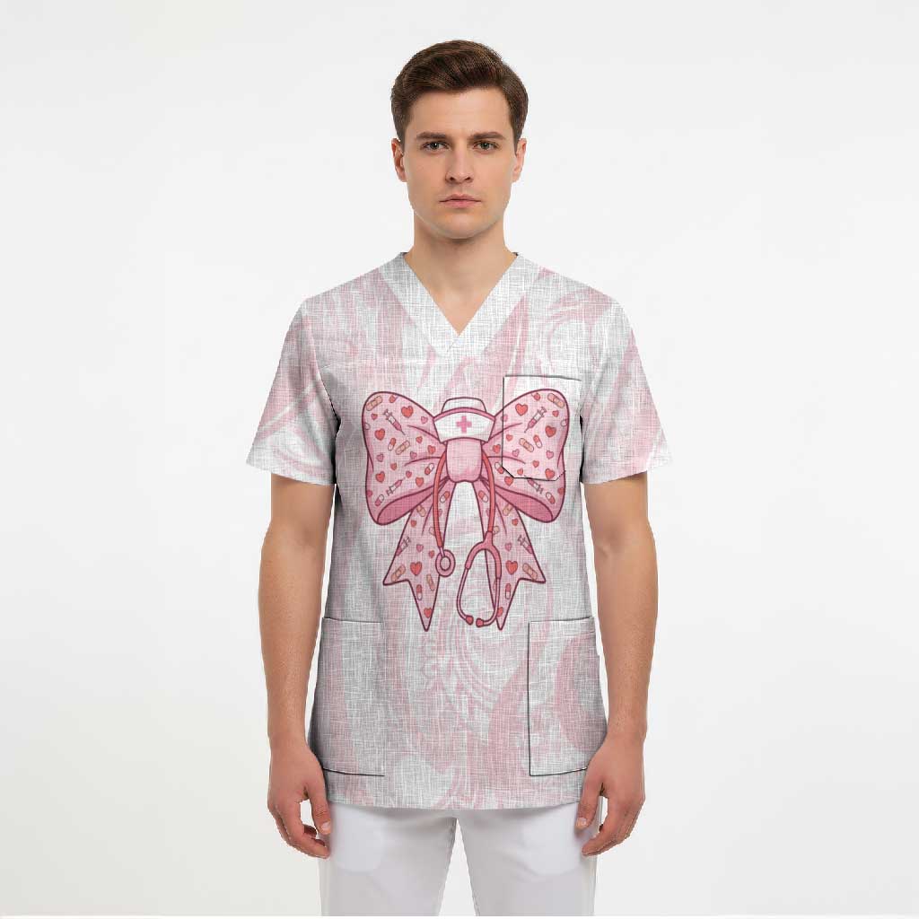 New Zealand Nurses RN Personalised Scrub Top Pink Stethoscope Coquette Bow Maori Motif LT9 - Polynesian Pride