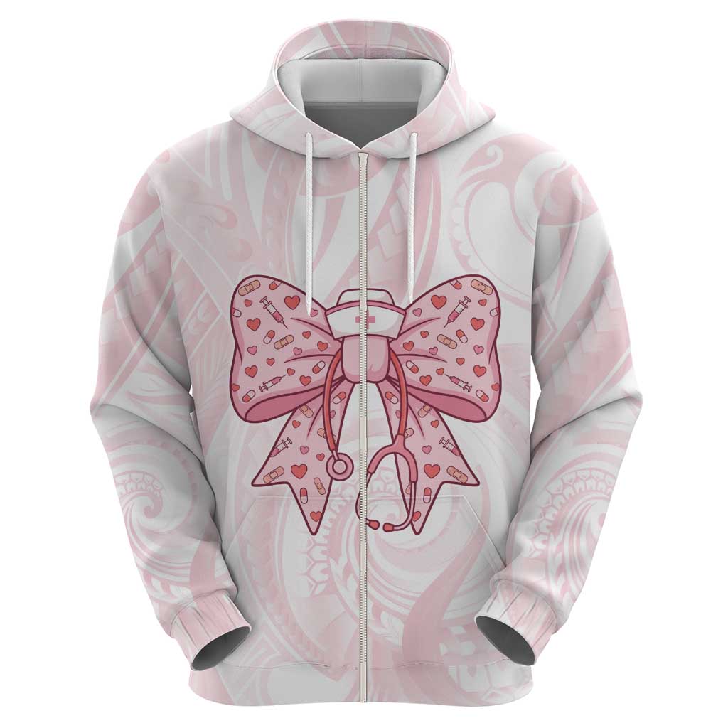 New Zealand Nurses RN Personalised Zip Hoodie Pink Stethoscope Coquette Bow Maori Motif