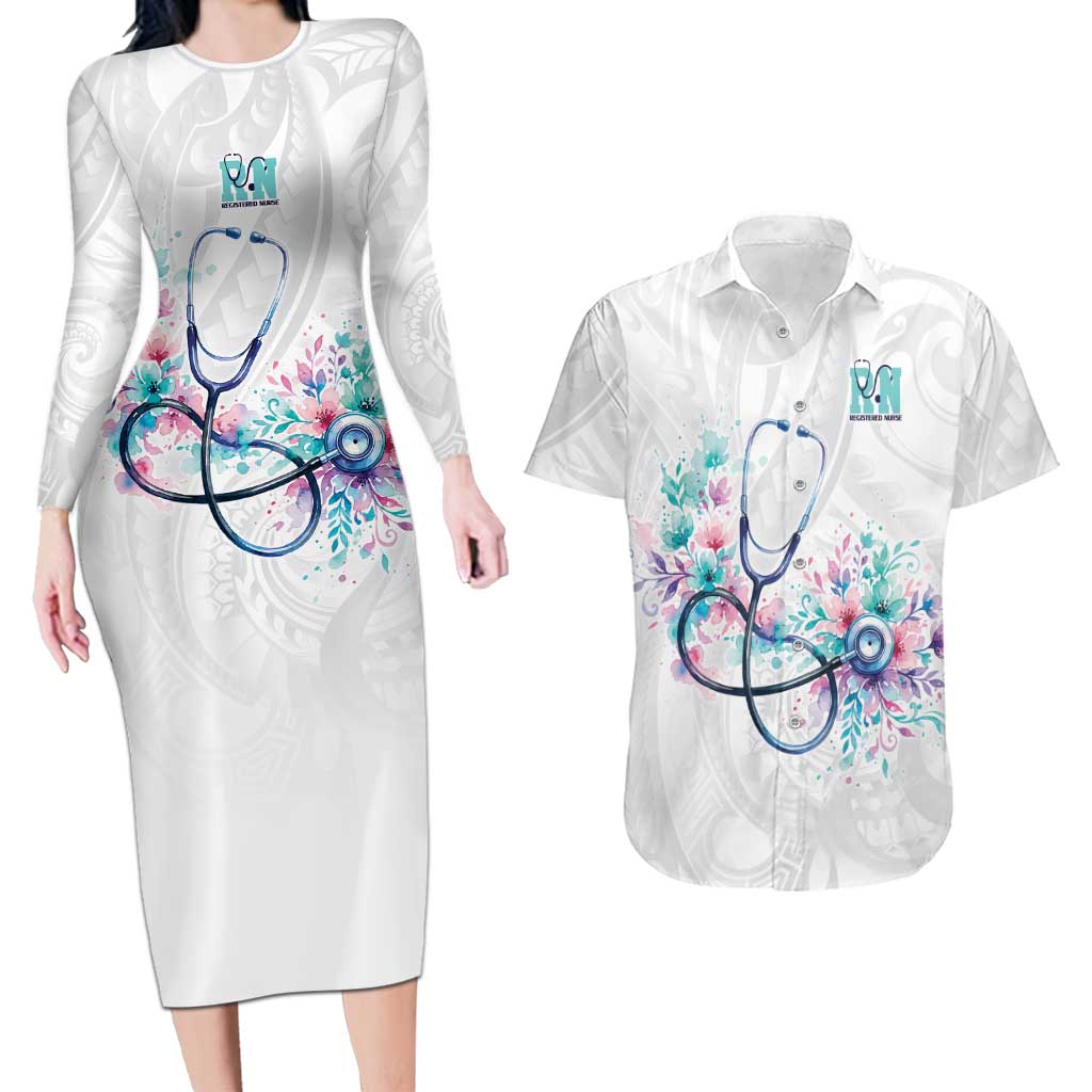 New Zealand Nurses RN Personalised Couples Matching Long Sleeve Bodycon Dress and Hawaiian Shirt Stethoscope Floral Maori Motif