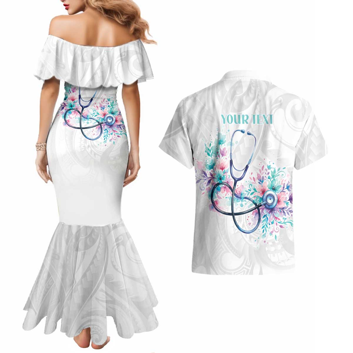 New Zealand Nurses RN Personalised Couples Matching Mermaid Dress and Hawaiian Shirt Stethoscope Floral Maori Motif