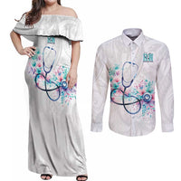 New Zealand Nurses RN Personalised Couples Matching Off Shoulder Maxi Dress and Long Sleeve Button Shirt Stethoscope Floral Maori Motif