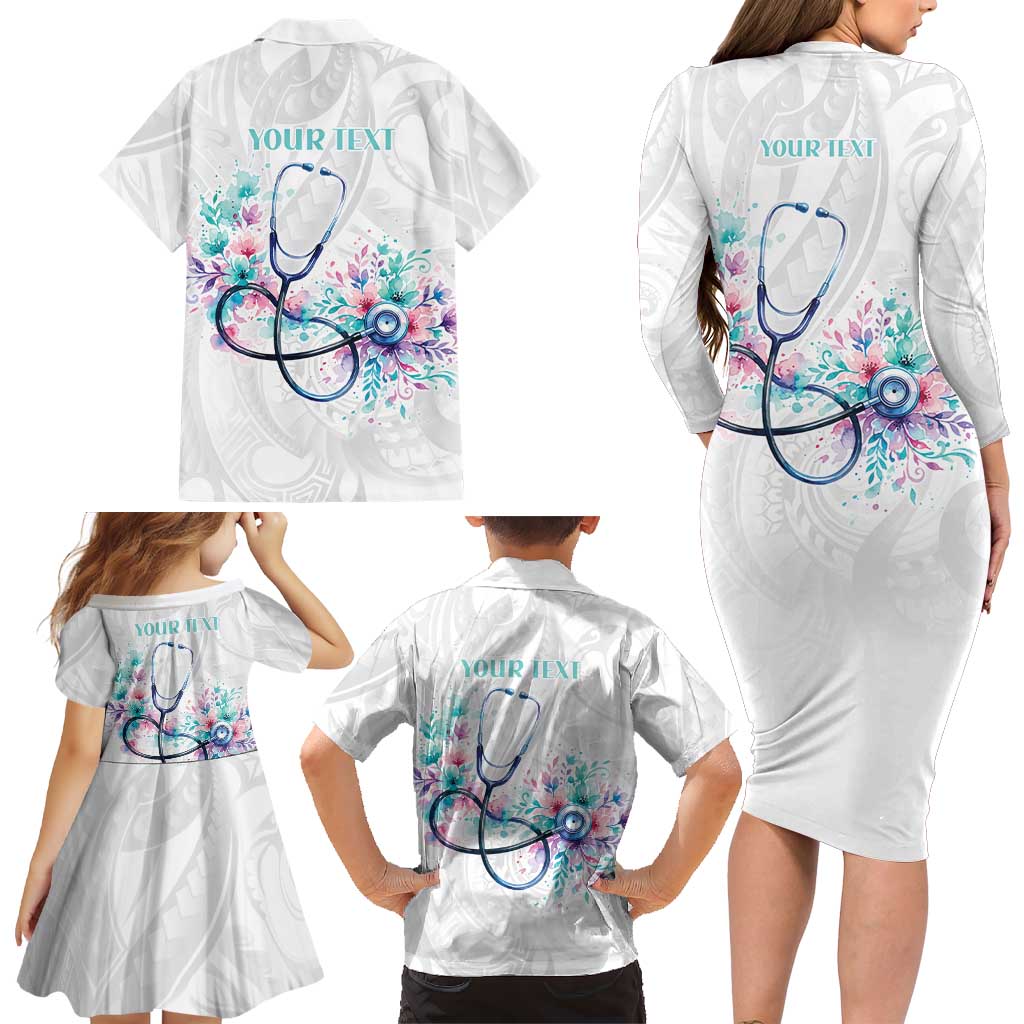 New Zealand Nurses RN Personalised Family Matching Long Sleeve Bodycon Dress and Hawaiian Shirt Stethoscope Floral Maori Motif