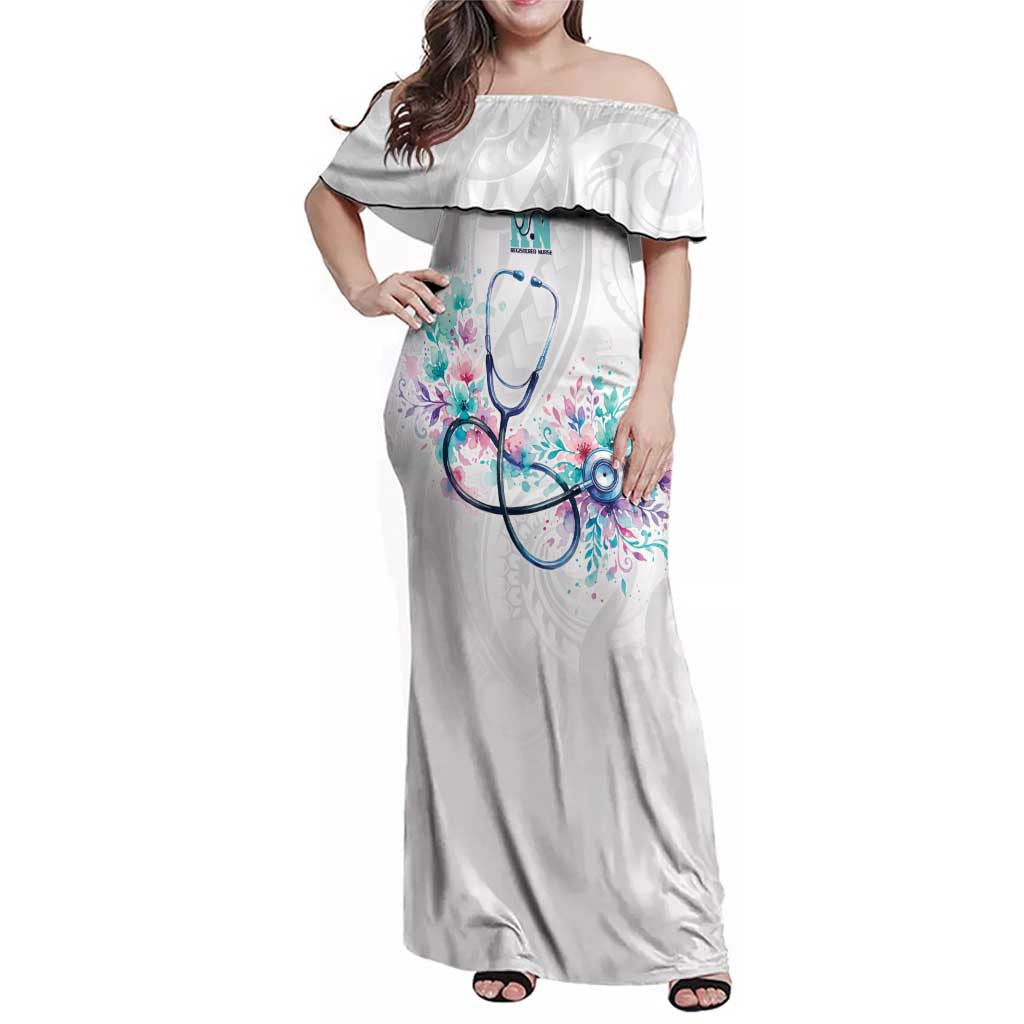 New Zealand Nurses RN Personalised Family Matching Off Shoulder Maxi Dress and Hawaiian Shirt Stethoscope Floral Maori Motif