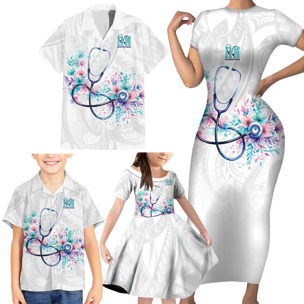 New Zealand Nurses RN Personalised Family Matching Short Sleeve Bodycon Dress and Hawaiian Shirt Stethoscope Floral Maori Motif
