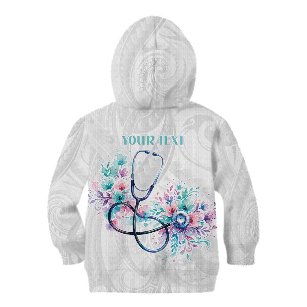 New Zealand Nurses RN Personalised Kid Hoodie Stethoscope Floral Maori Motif