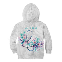 New Zealand Nurses RN Personalised Kid Hoodie Stethoscope Floral Maori Motif