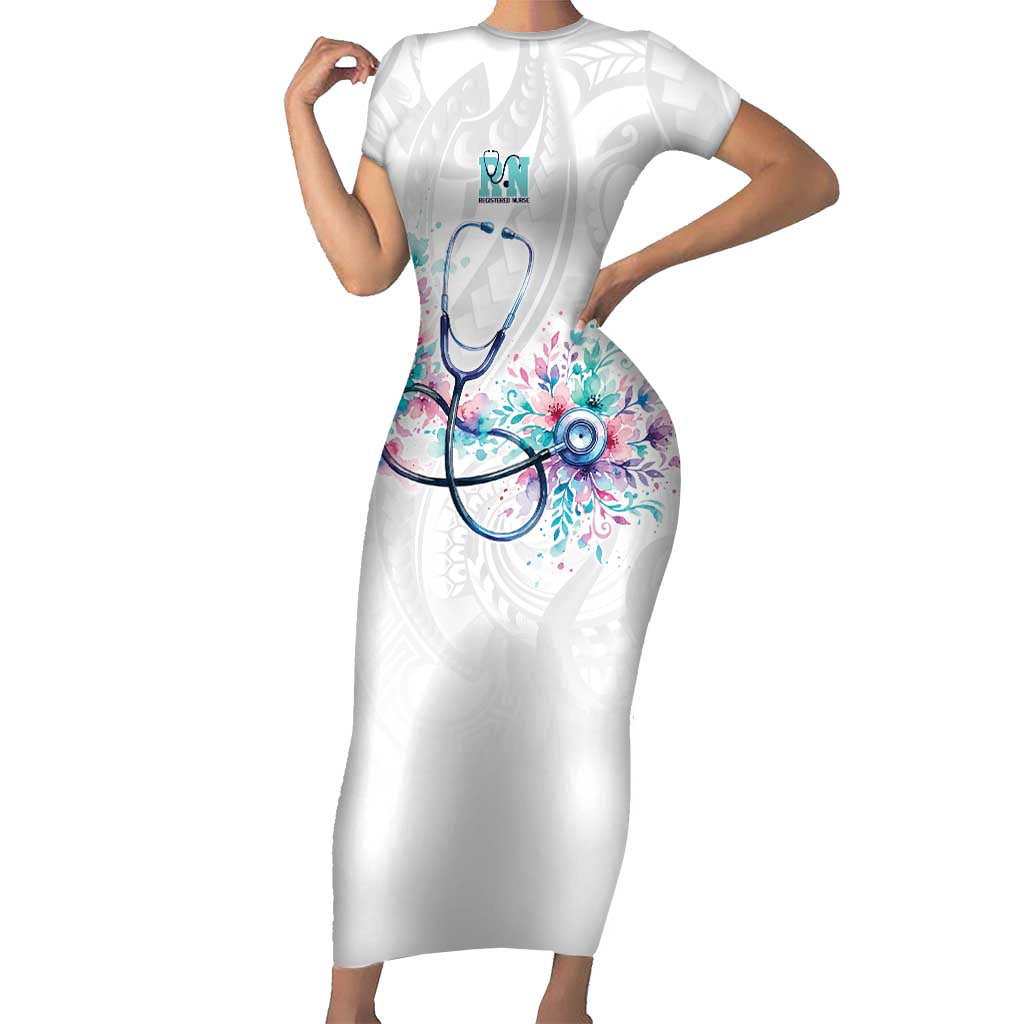 New Zealand Nurses RN Personalised Short Sleeve Bodycon Dress Stethoscope Floral Maori Motif