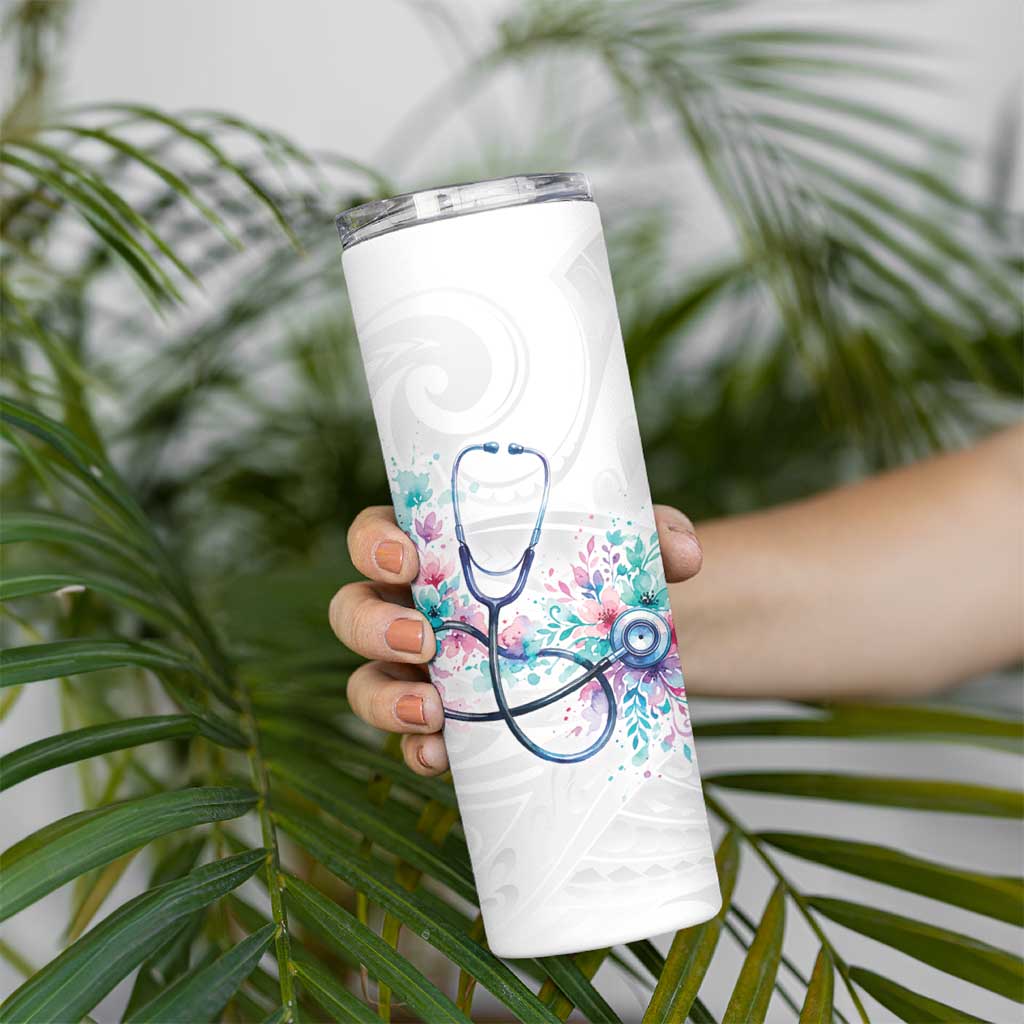 New Zealand Nurses RN Personalised Skinny Tumbler Stethoscope Floral Maori Motif