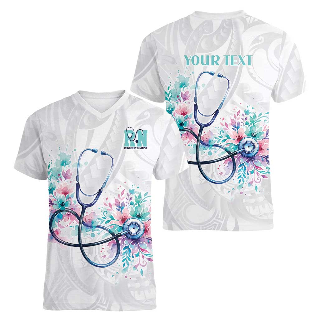New Zealand Nurses RN Personalised Women V-Neck T-Shirt Stethoscope Floral Maori Motif
