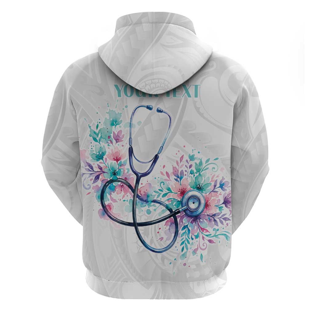 New Zealand Nurses RN Personalised Zip Hoodie Stethoscope Floral Maori Motif