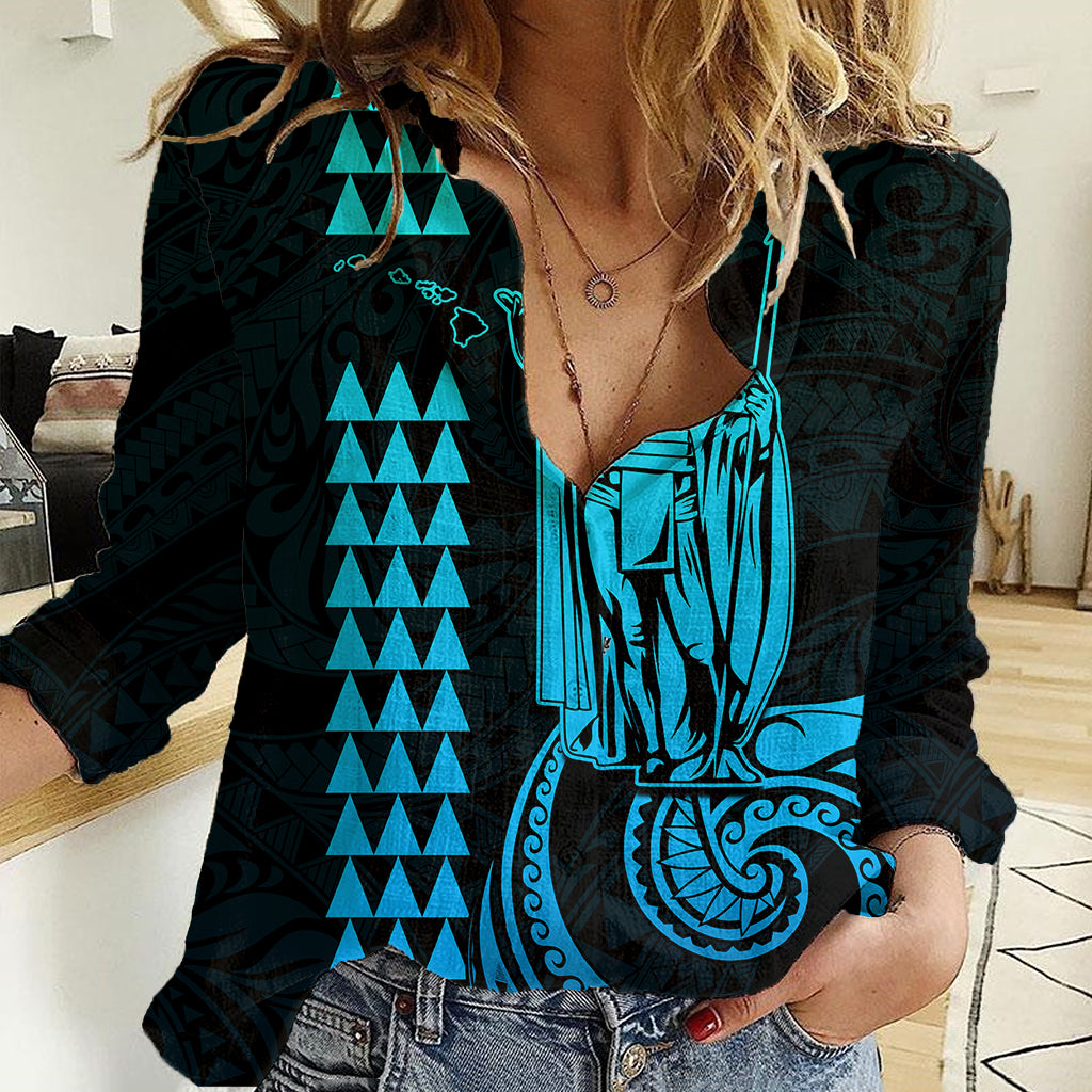 Custom Hawaii Women Casual Shirt King Kamehameha - Aqua LT9 Female Aqua - Polynesian Pride