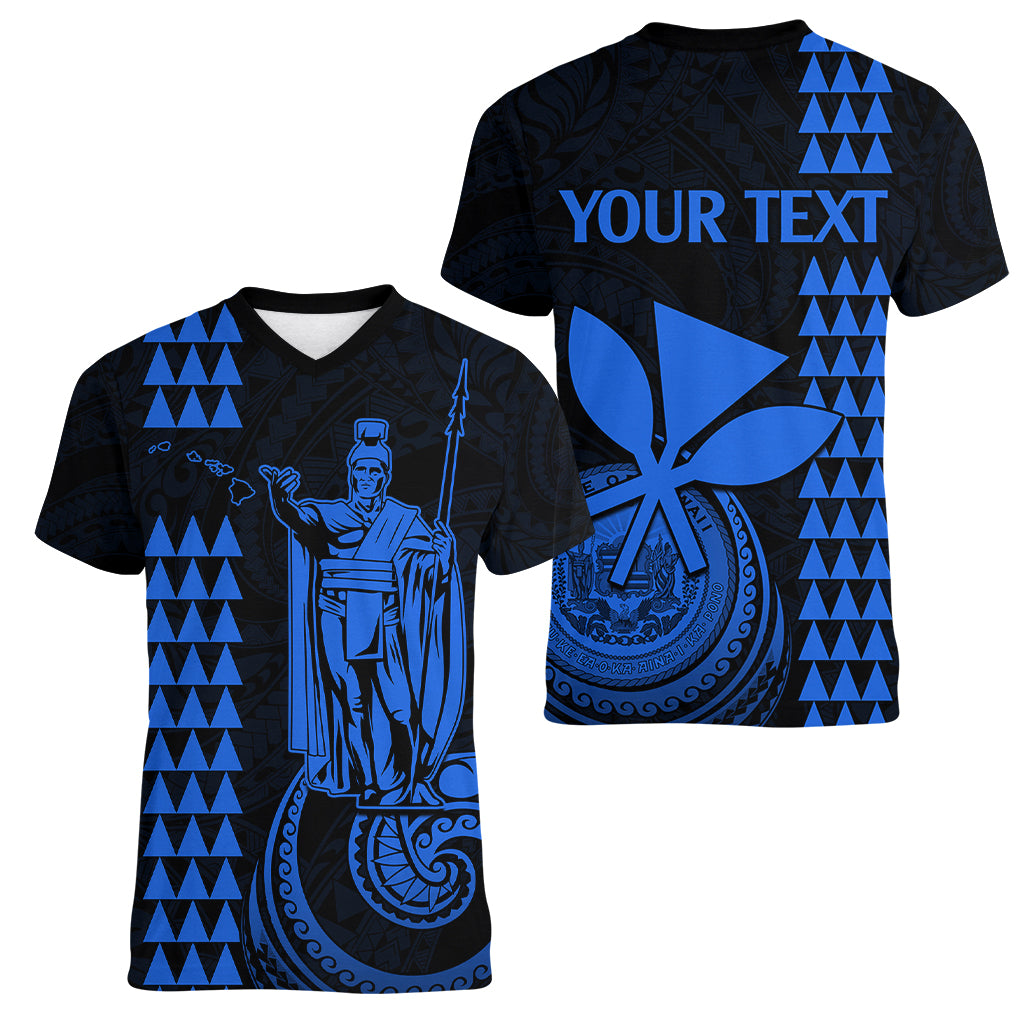 Custom Hawaii Women V Neck T Shirt King Kamehameha - Blue LT9 - Polynesian Pride