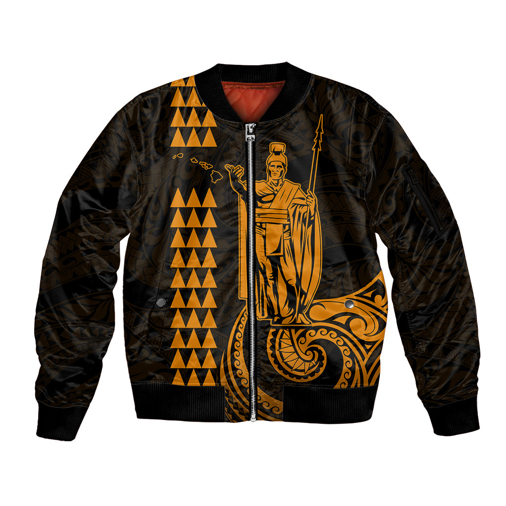 Custom Hawaii Sleeve Zip Bomber Jacket King Kamehameha - Gold LT9 Unisex Gold - Polynesian Pride