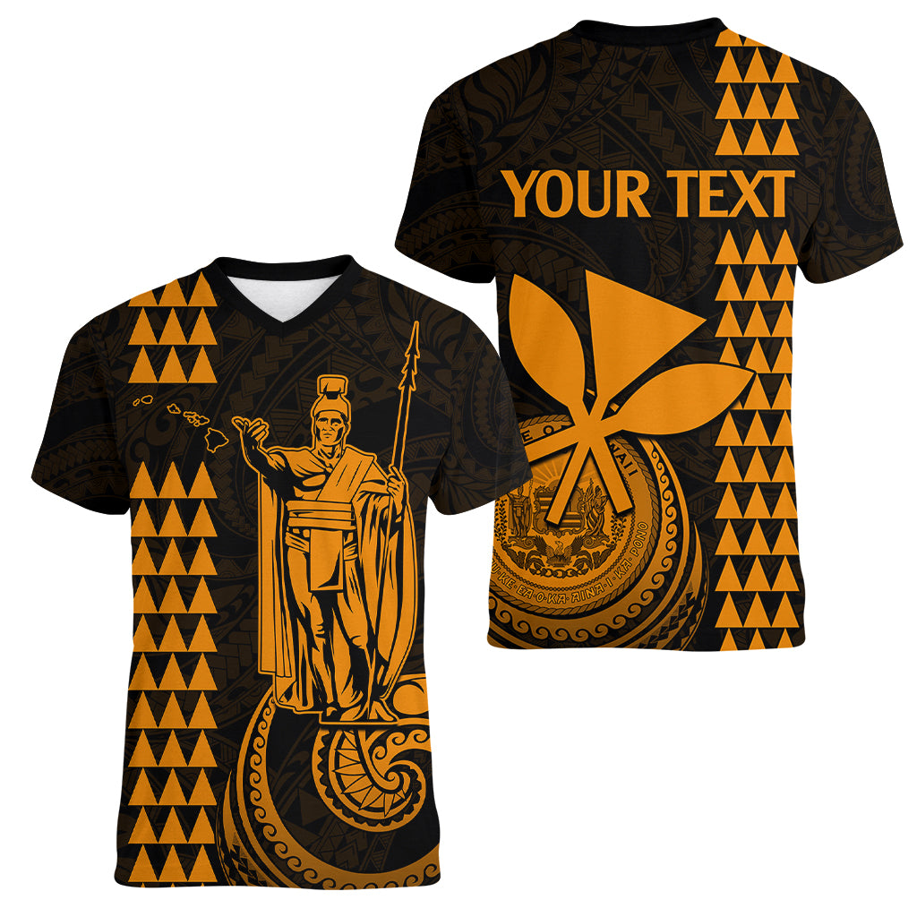 Custom Hawaii Women V Neck T Shirt King Kamehameha - Gold LT9 - Polynesian Pride