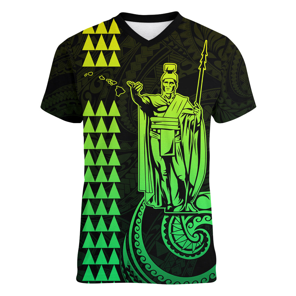 Custom Hawaii Women V Neck T Shirt King Kamehameha - Lime LT9 Female Lime - Polynesian Pride