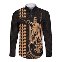 Custom Hawaii Long Sleeve Button Shirt King Kamehameha - Nude LT9 Unisex Nude - Polynesian Pride