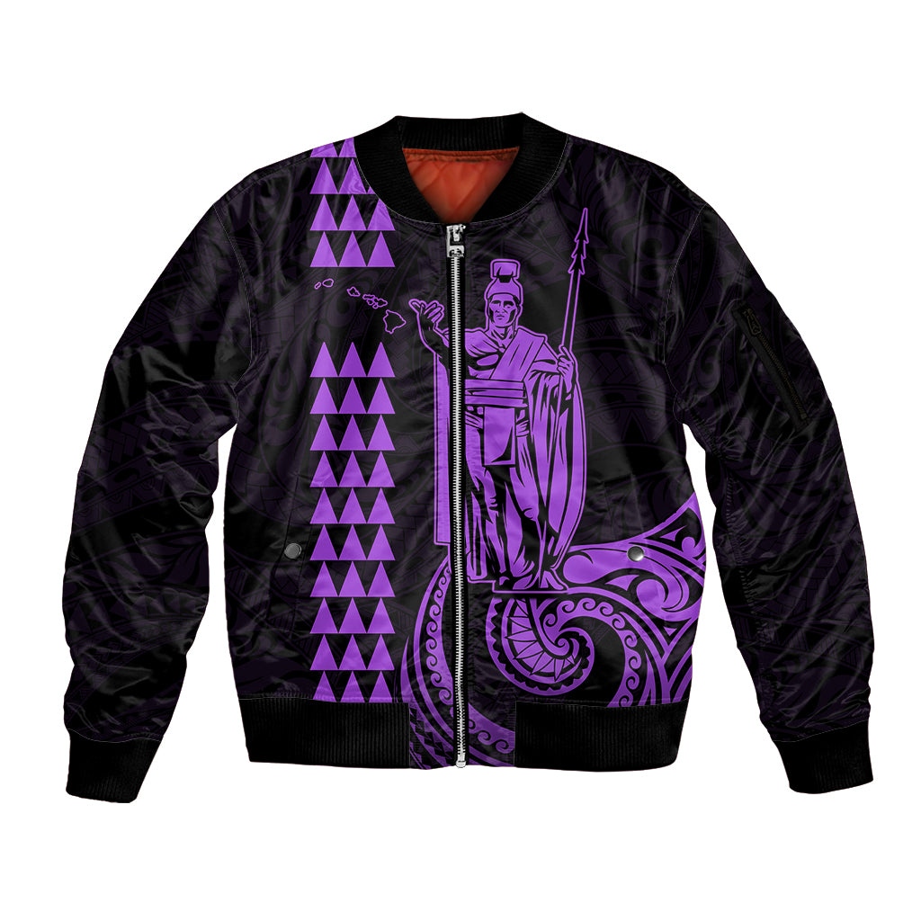 Custom Hawaii Sleeve Zip Bomber Jacket King Kamehameha - Purple LT9 Unisex Purple - Polynesian Pride