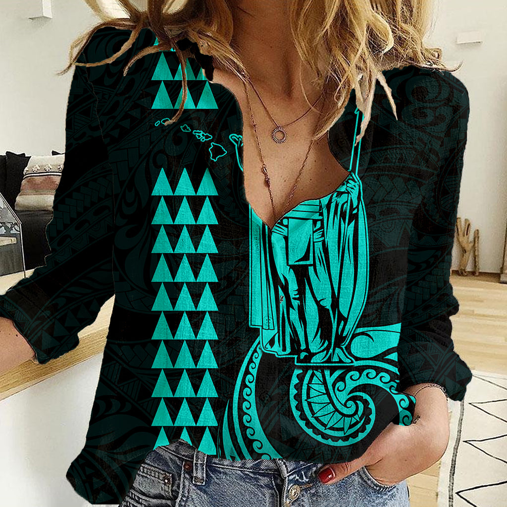 Custom Hawaii Women Casual Shirt King Kamehameha - Turquoise LT9 Female Turquoise - Polynesian Pride