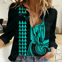 Custom Hawaii Women Casual Shirt King Kamehameha - Turquoise LT9 Female Turquoise - Polynesian Pride