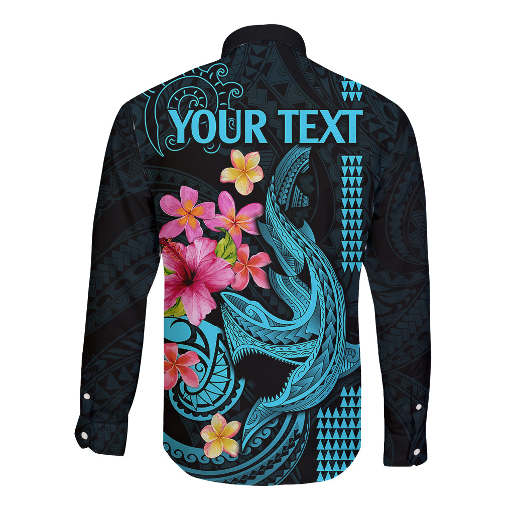 Custom Polynesian Long Sleeve Button Shirt Hawaiian Warriors with Tribal Shark Tattoos - Blue LT9 - Polynesian Pride