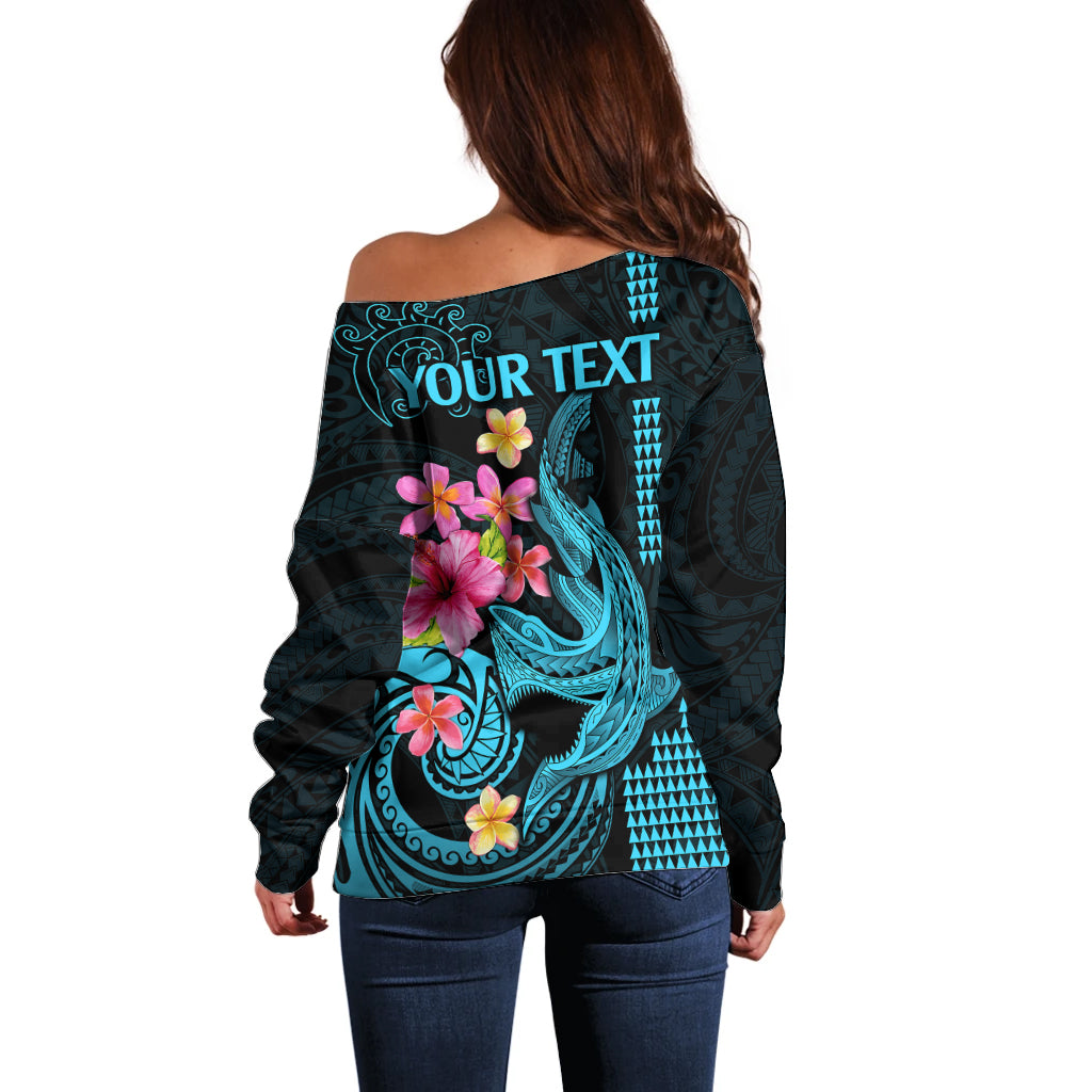 Custom Polynesian Off Shoulder Sweater Hawaiian Warriors with Tribal Shark Tattoos - Blue LT9 - Polynesian Pride